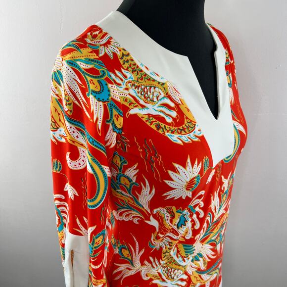 JUDE CONNALLY Vibrant Stretch Nylon Split Orange Dragon Asian Motif 3/4 Top XS - Picture 3 of 6